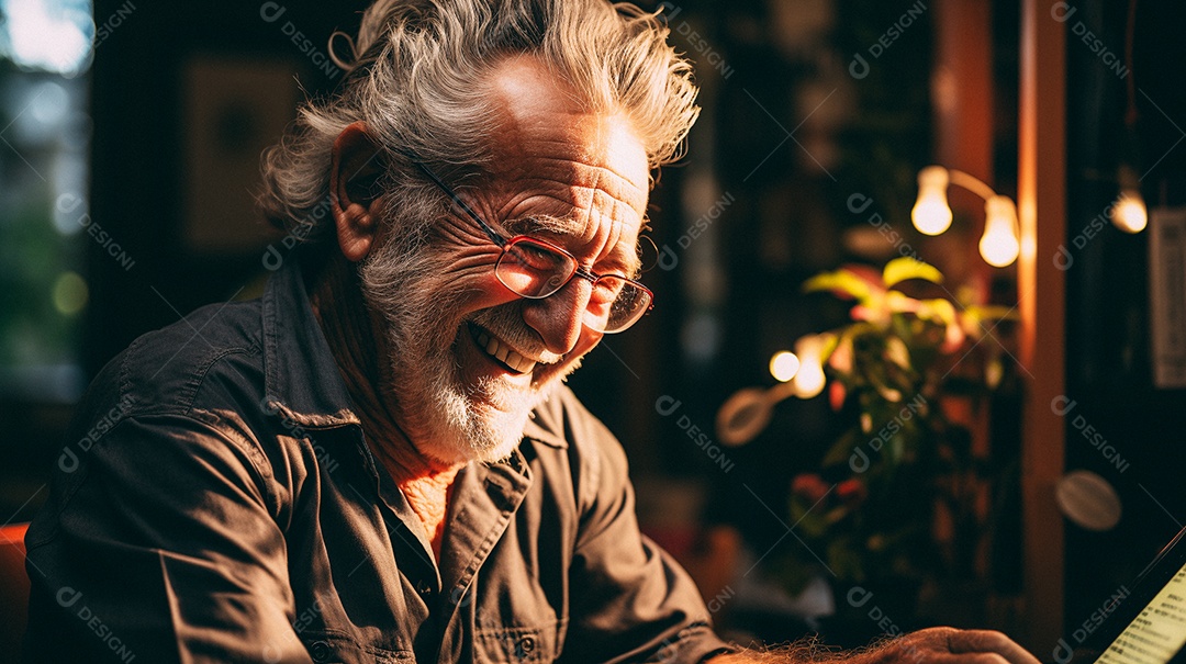 Em uma sala de estar bem iluminada, um idoso é capturado