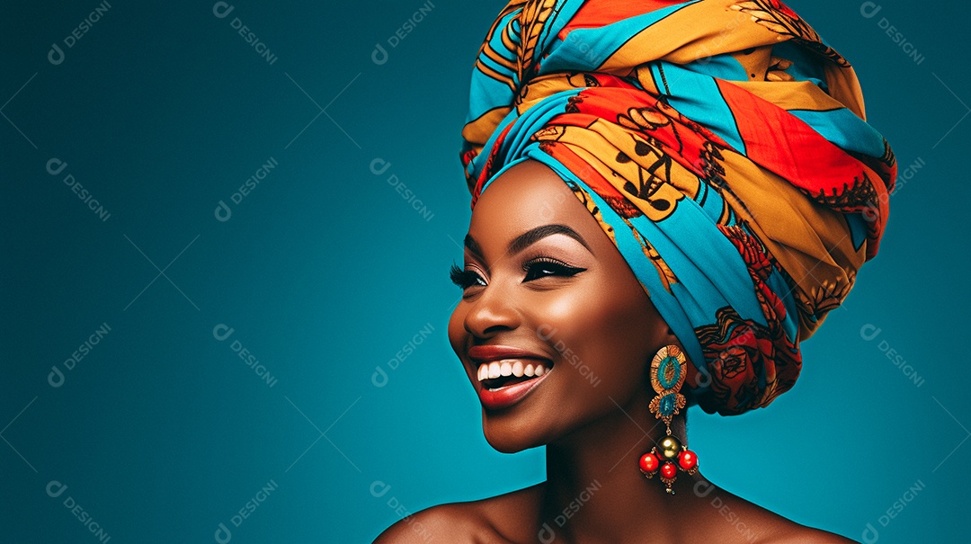 Mulher africana feliz usando turbante isolado no fundo do estúdio colorido