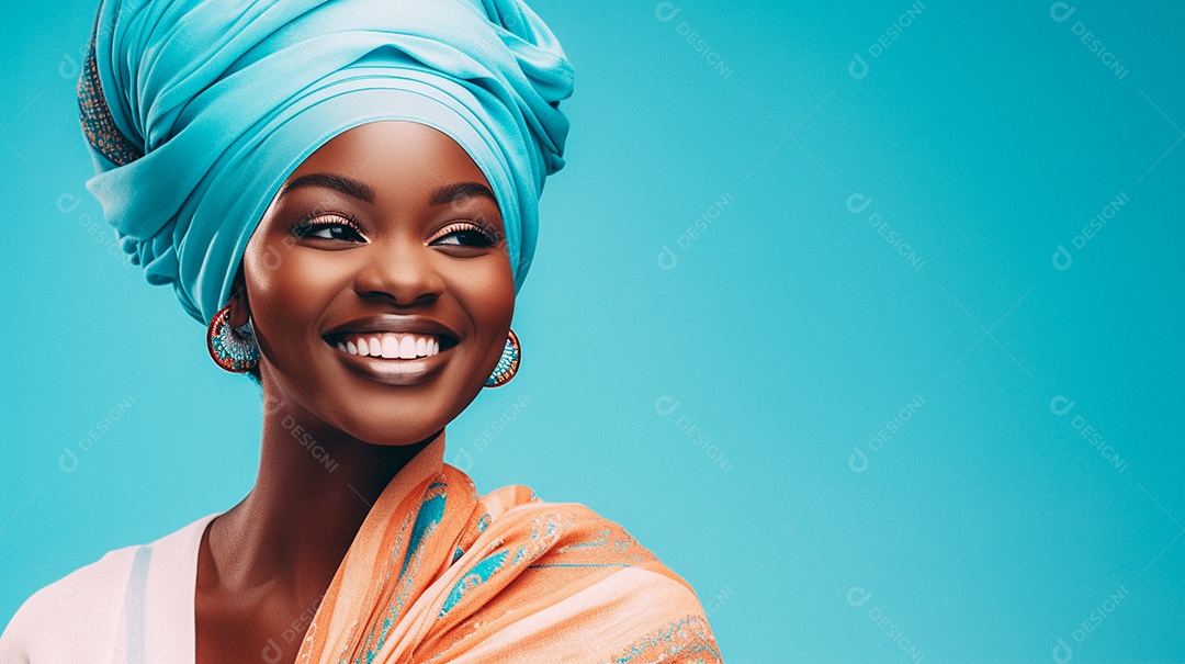 Mulher africana feliz usando turbante isolado no fundo do estúdio colorido