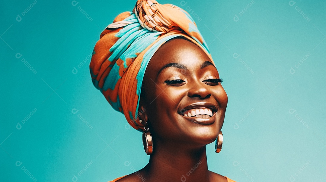 Mulher africana feliz usando turbante isolado no fundo do estúdio colorido