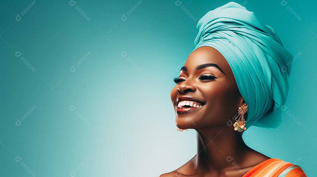 Mulher africana feliz usando turbante isolado no fundo do estúdio colorido