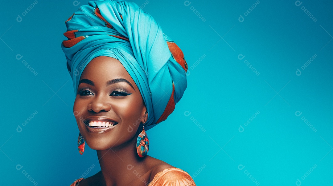Mulher africana feliz usando turbante isolado no fundo do estúdio colorido