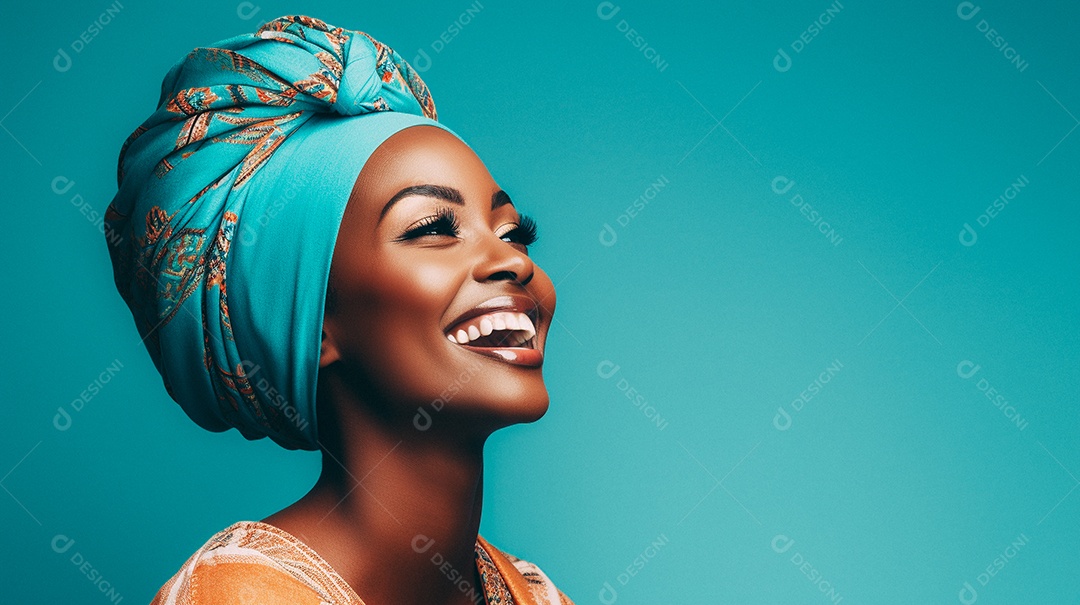 Mulher africana feliz usando turbante isolado no fundo do estúdio colorido