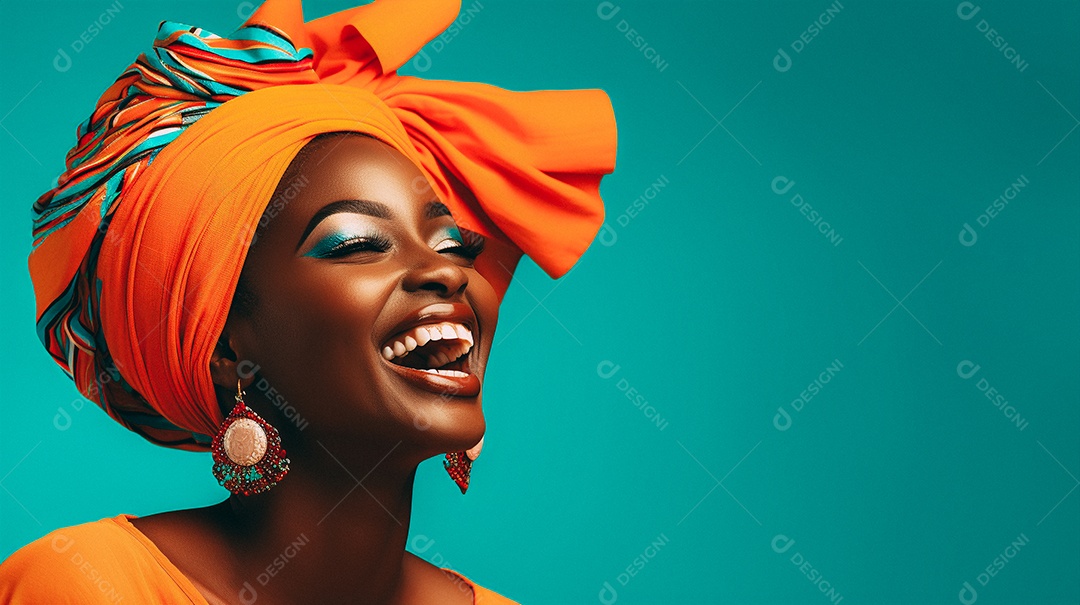 Mulher africana feliz usando turbante isolado no fundo do estúdio colorido