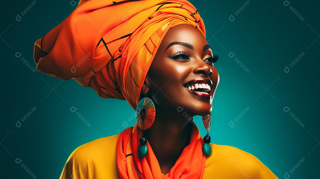 Mulher africana feliz usando turbante isolado no fundo do estúdio colorido