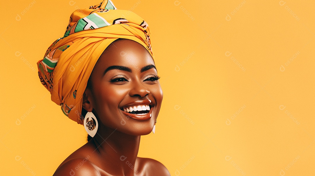 Mulher africana feliz usando turbante isolado no fundo do estúdio colorido