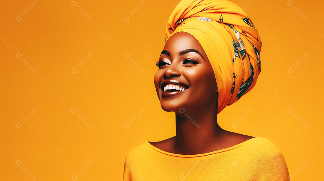 Mulher africana feliz usando turbante isolado no fundo do estúdio colorido