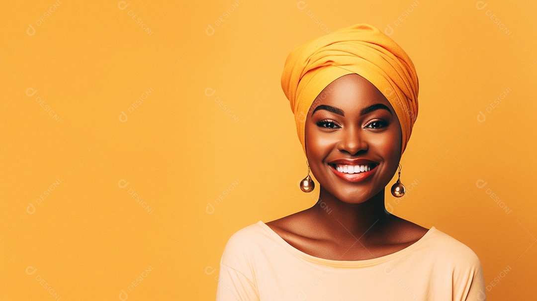 Mulher africana feliz usando turbante isolado no fundo do estúdio colorido