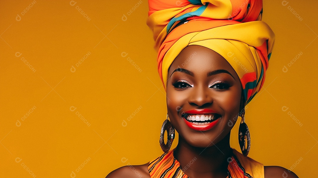 Mulher africana feliz usando turbante isolado no fundo do estúdio colorido