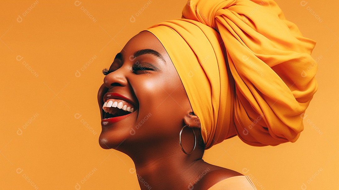 Mulher africana feliz usando turbante isolado no fundo do estúdio colorido