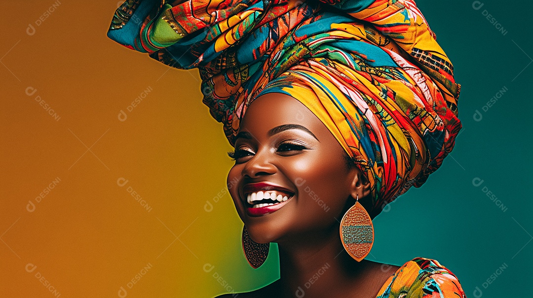 Mulher africana feliz usando turbante isolado no fundo do estúdio colorido