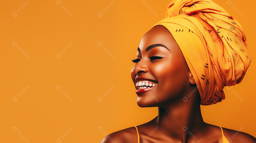Mulher africana feliz usando turbante isolado no fundo do estúdio colorido