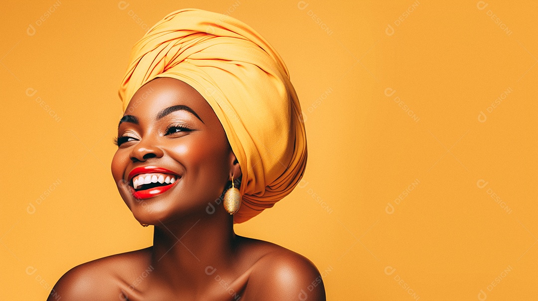 Mulher africana feliz usando turbante isolado no fundo do estúdio colorido