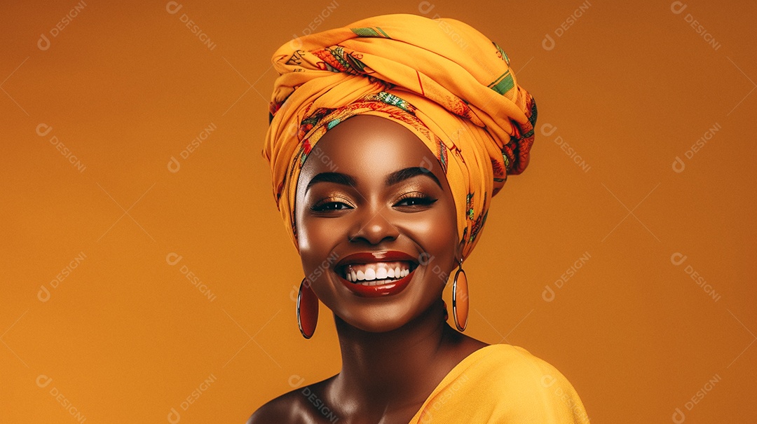 Mulher africana feliz usando turbante isolado no fundo do estúdio colorido