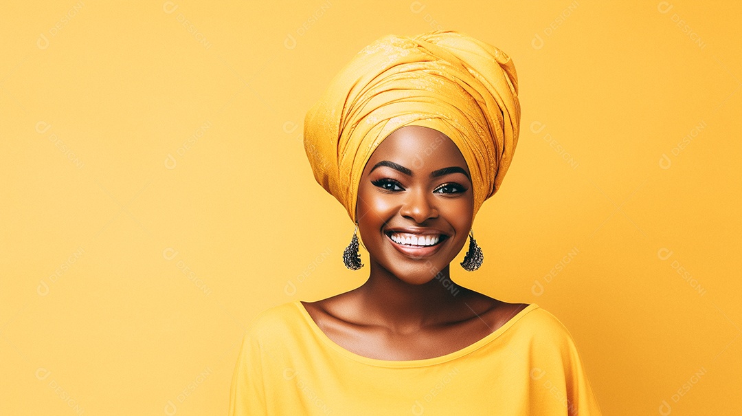 Mulher africana feliz usando turbante isolado no fundo do estúdio colorido
