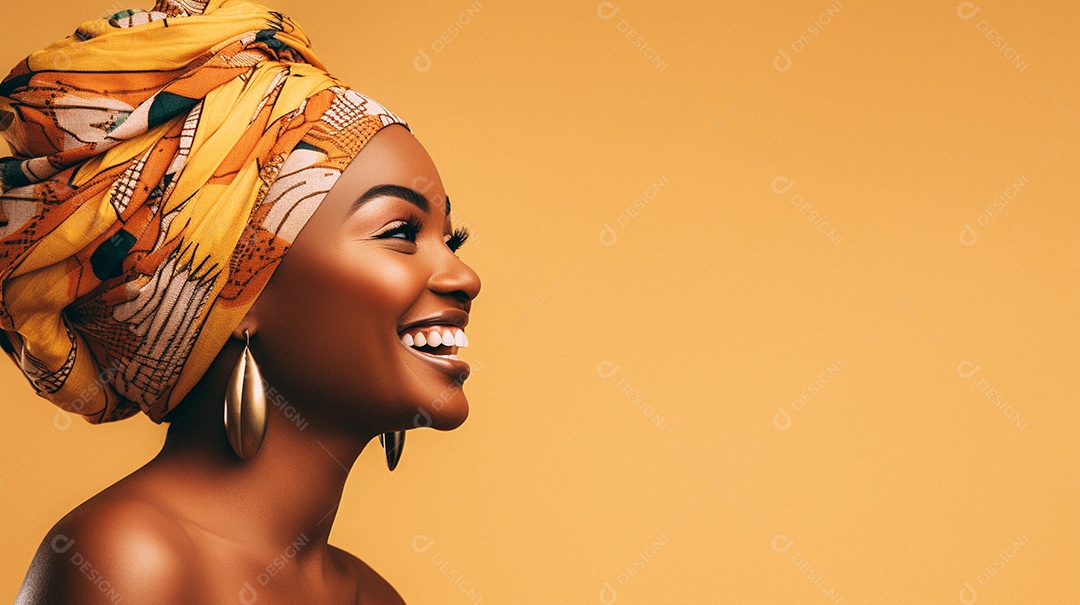 Mulher africana feliz usando turbante isolado no fundo do estúdio colorido