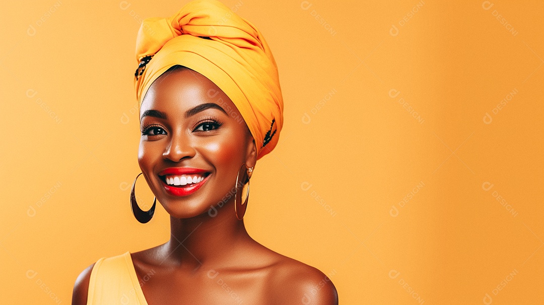 Mulher africana feliz usando turbante isolado no fundo do estúdio colorido