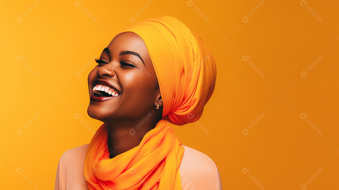 Mulher africana feliz usando turbante isolado no fundo do estúdio colorido