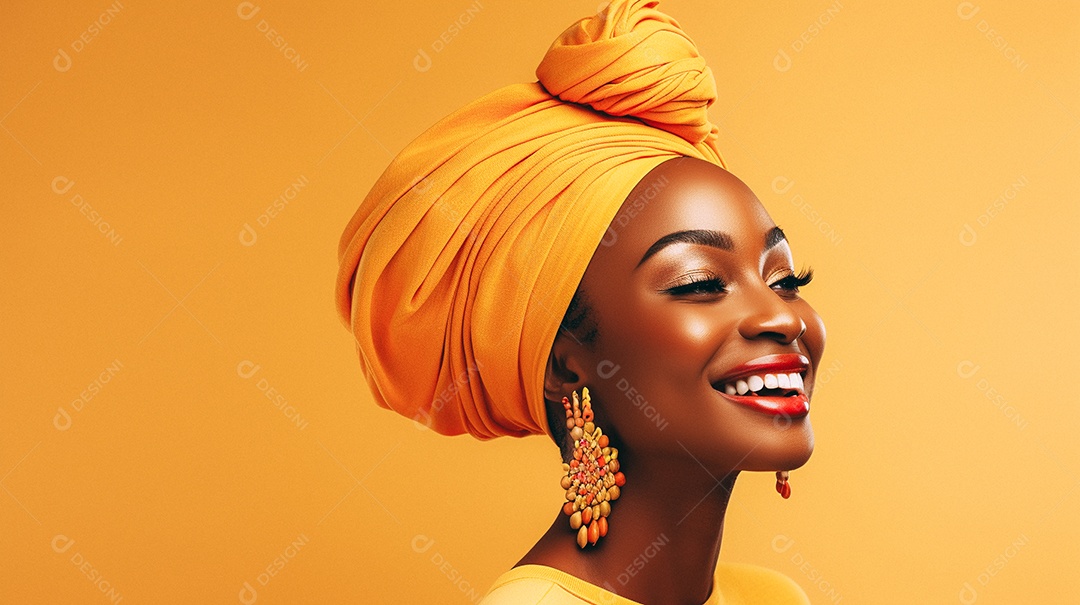 Mulher africana feliz usando turbante isolado no fundo do estúdio colorido