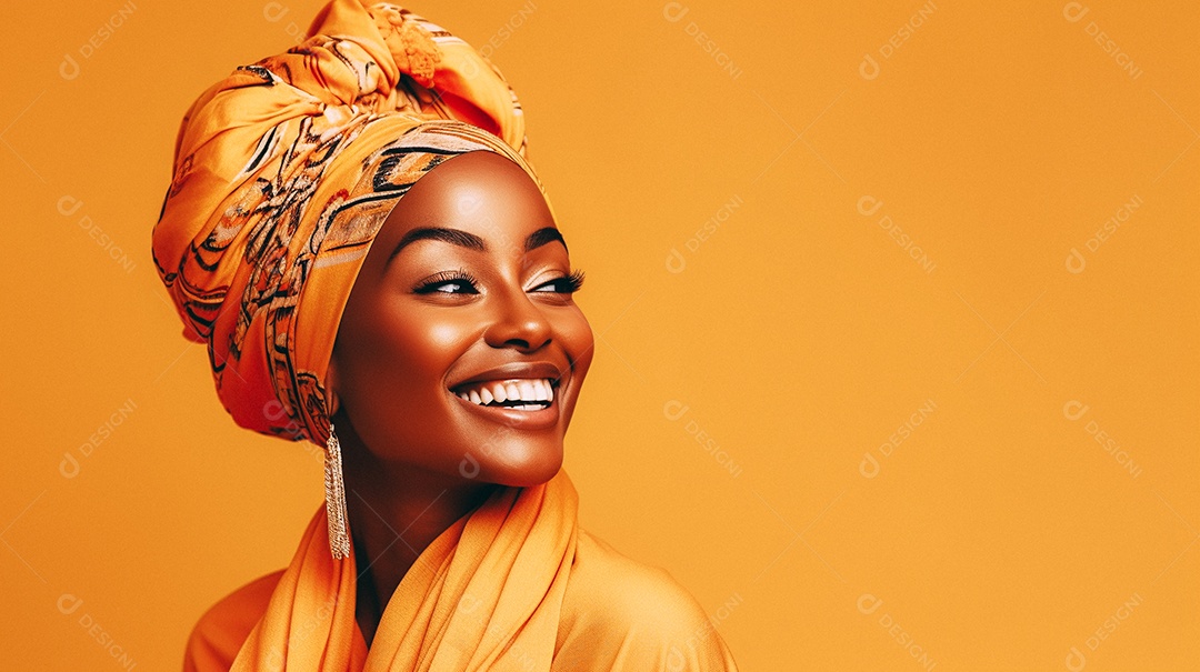 Mulher africana feliz usando turbante isolado no fundo do estúdio colorido