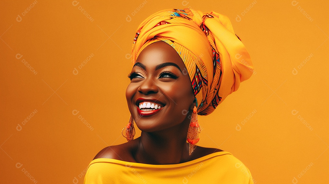 Mulher africana feliz usando turbante isolado no fundo do estúdio colorido