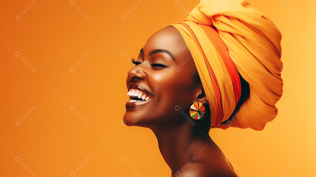 Mulher africana feliz usando turbante isolado no fundo do estúdio colorido