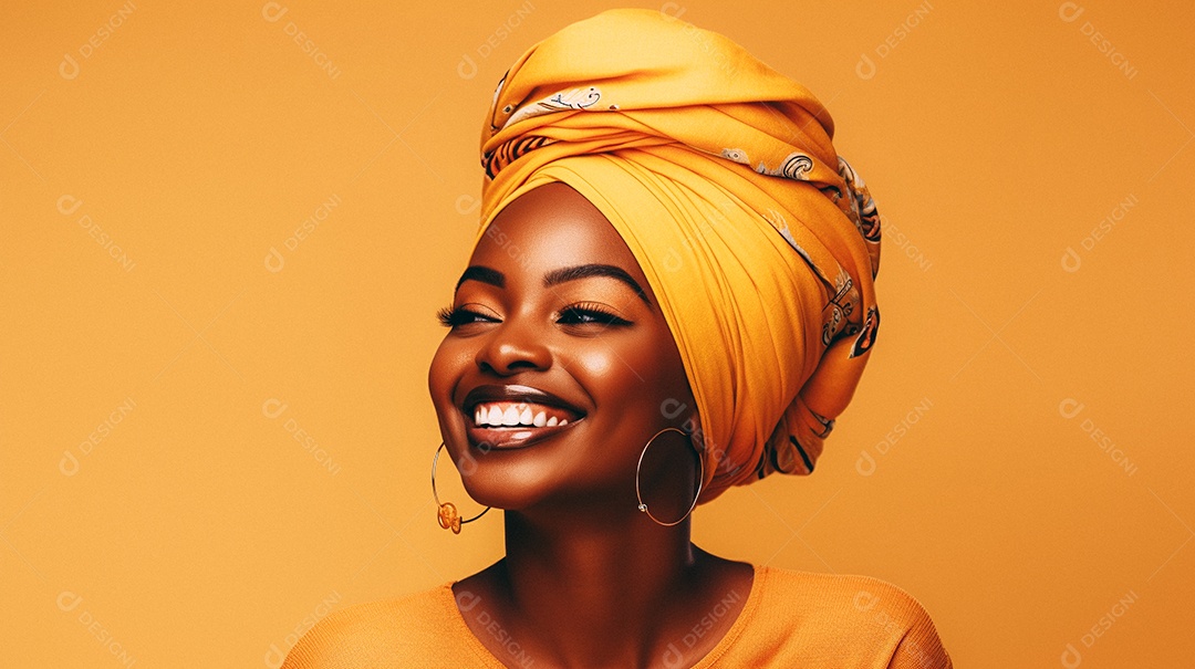 Mulher africana feliz usando turbante isolado no fundo do estúdio colorido