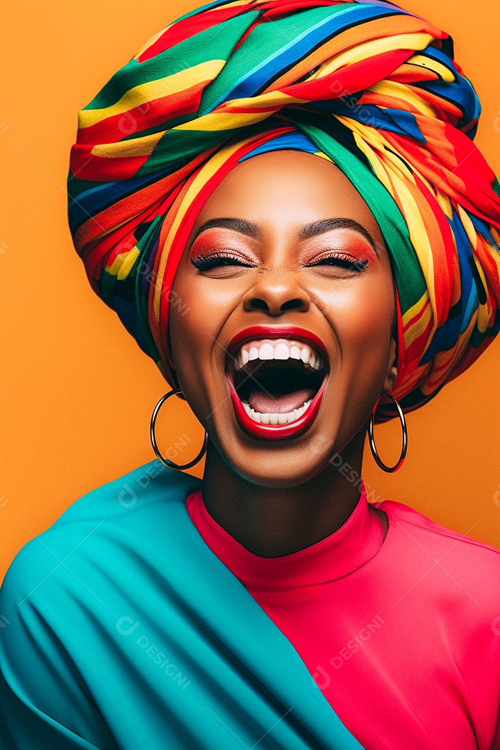 Mulher africana feliz usando turbante isolado no fundo do estúdio amarelo pastel