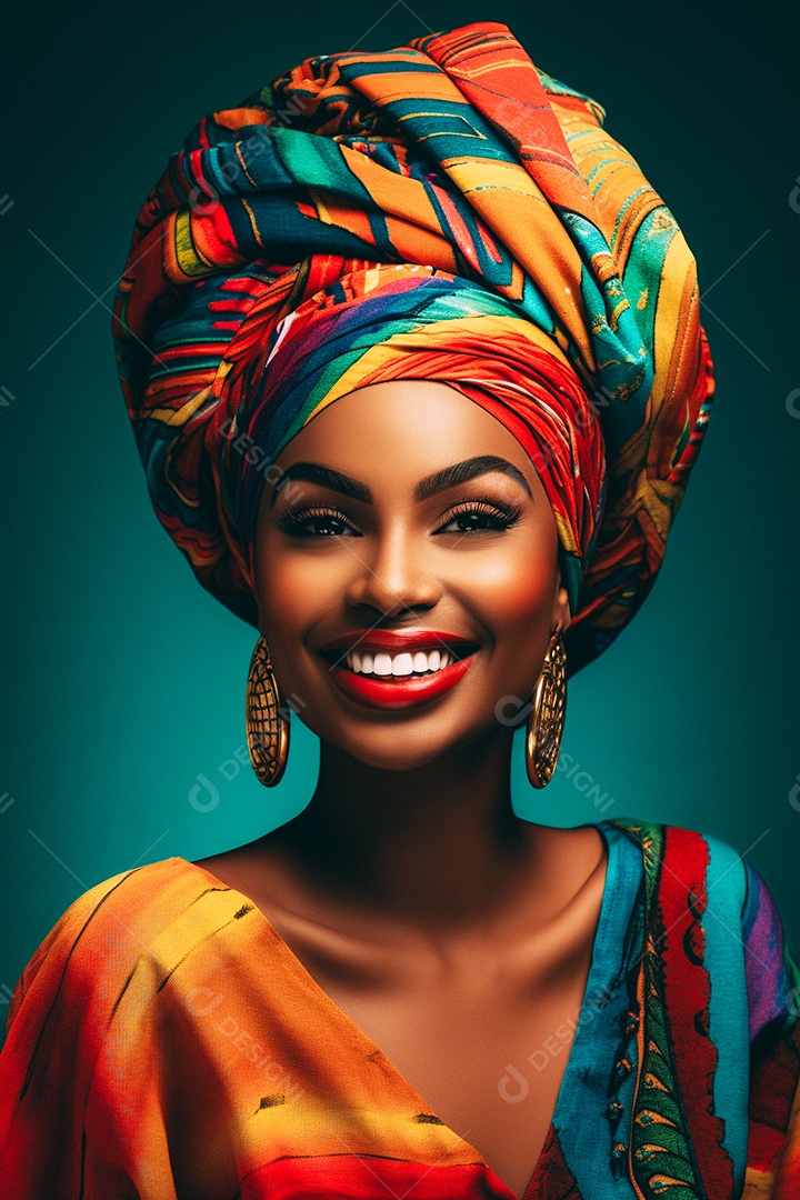 Mulher africana feliz usando turbante isolado no fundo do estúdio colorido