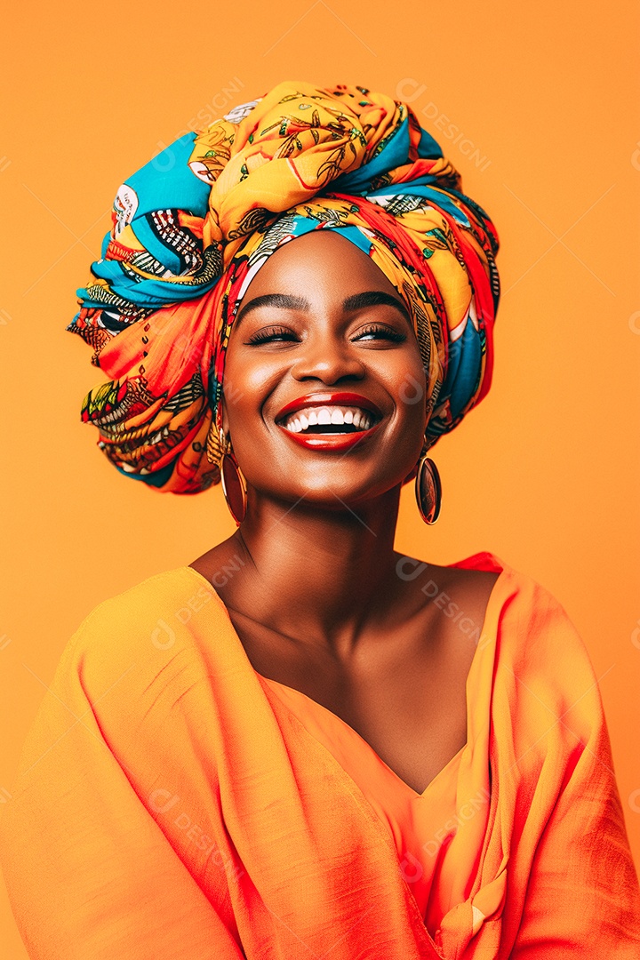 Mulher africana feliz usando turbante isolado no fundo do estúdio colorido