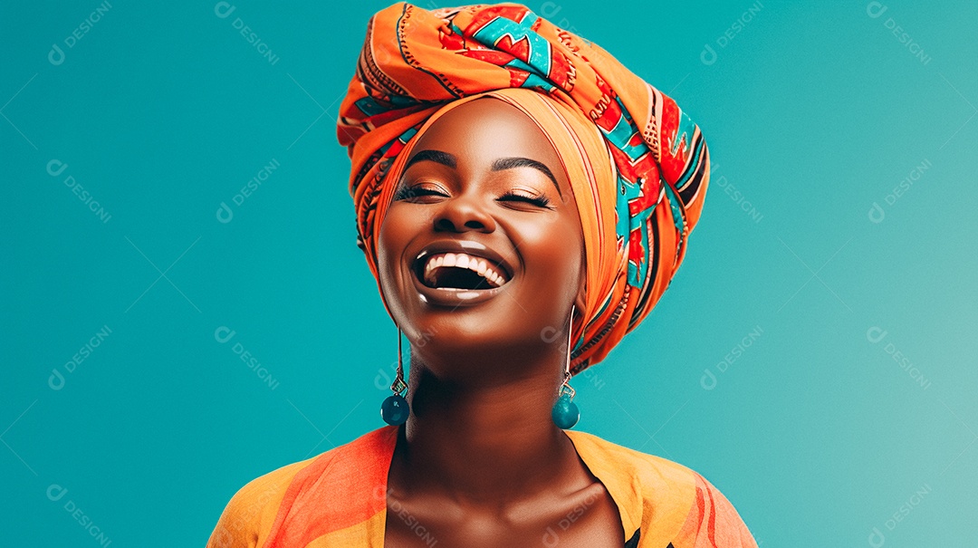 Mulher africana feliz usando turbante isolado no fundo do estúdio colorido