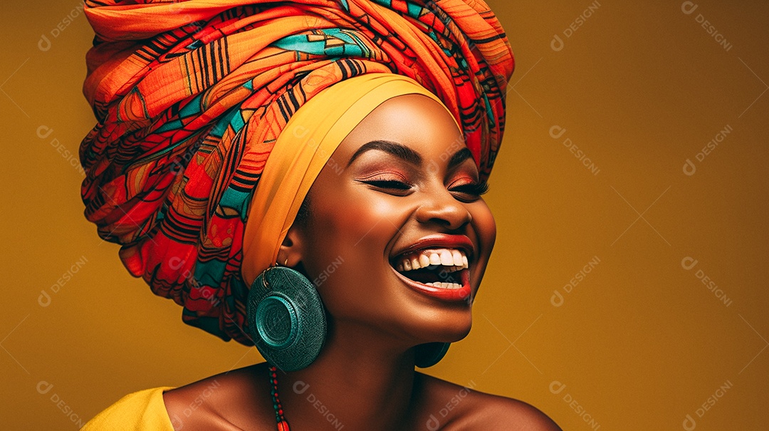 Mulher africana feliz usando turbante isolado no fundo do estúdio colorido