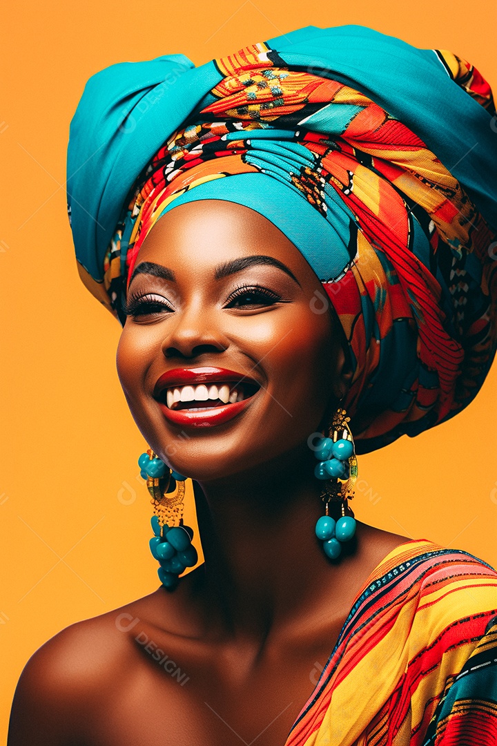 Mulher africana feliz usando turbante isolado no fundo do estúdio colorido