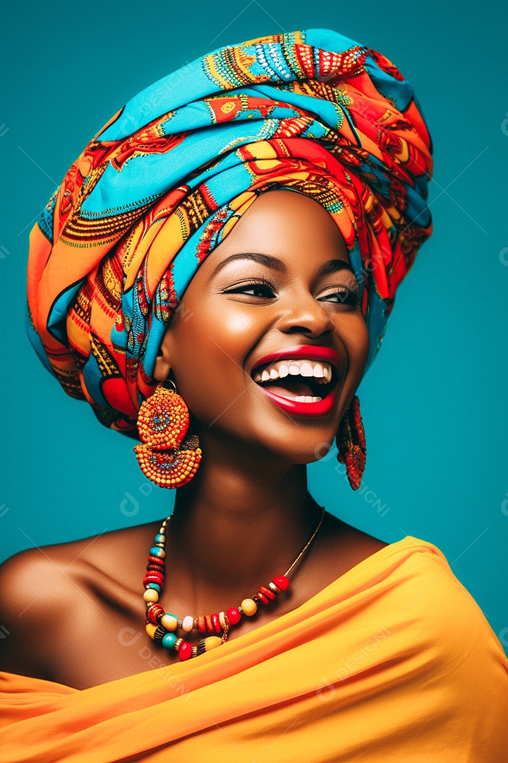 Mulher africana feliz usando turbante isolado no fundo do estúdio colorido