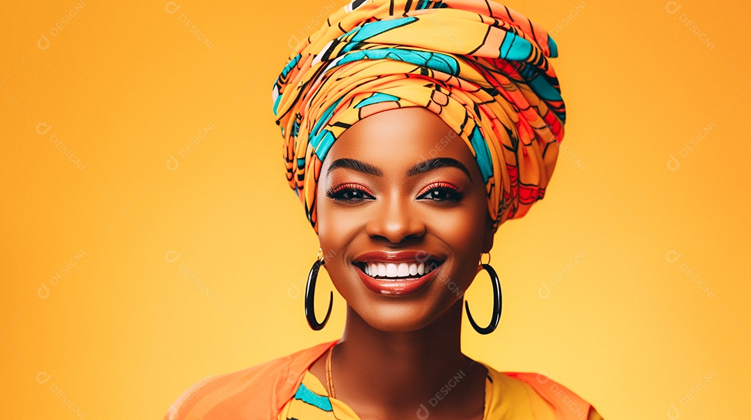 Mulher africana feliz usando turbante isolado no fundo do estúdio colorido