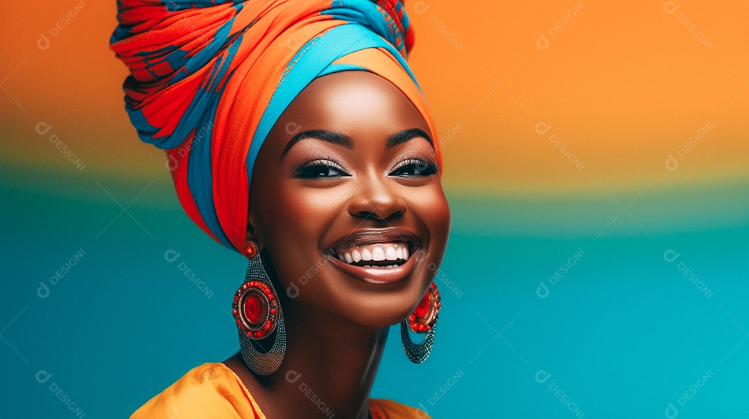 Mulher africana feliz usando turbante isolado no fundo do estúdio colorido