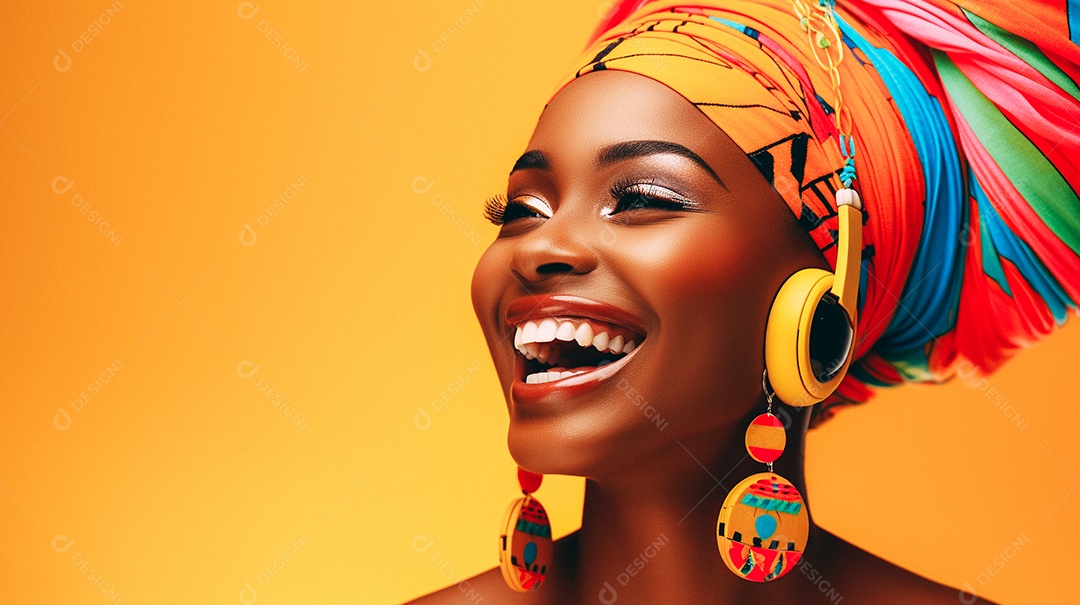 Mulher africana feliz usando turbante isolado no fundo do estúdio colorido