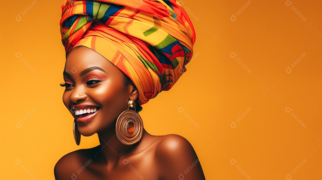 Mulher africana feliz usando turbante isolado no fundo do estúdio colorido