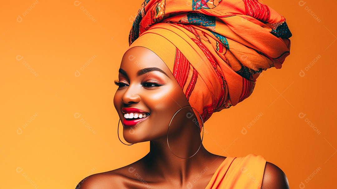 Mulher africana feliz usando turbante isolado no fundo do estúdio colorido