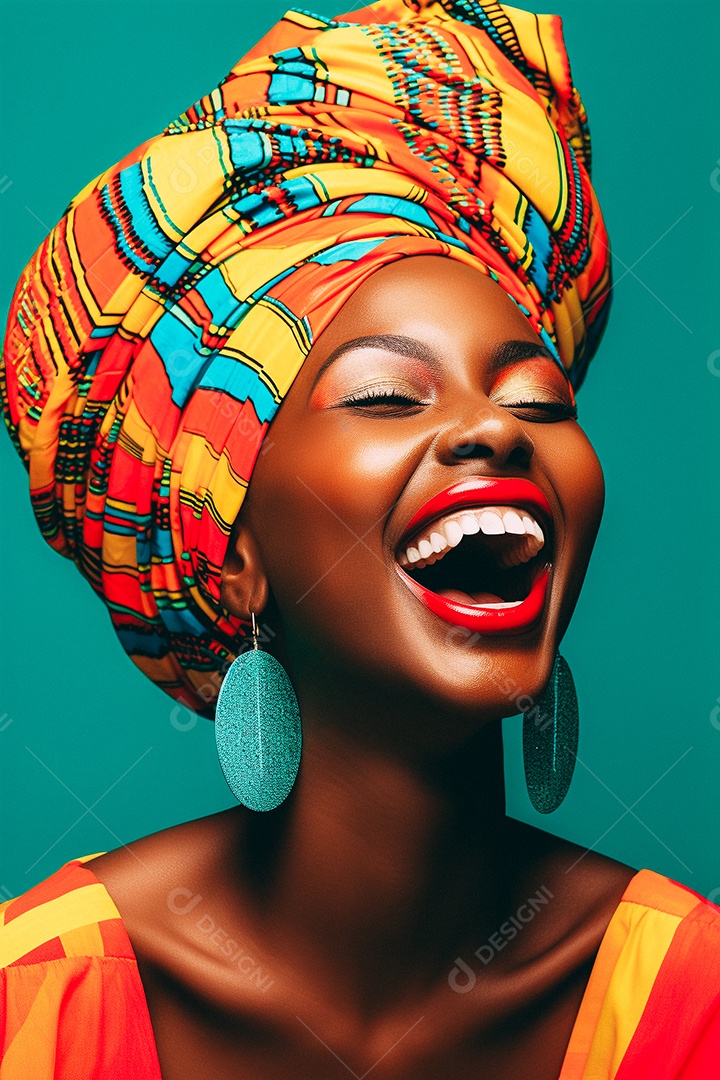 Mulher africana feliz usando turbante isolado no fundo do estúdio colorido