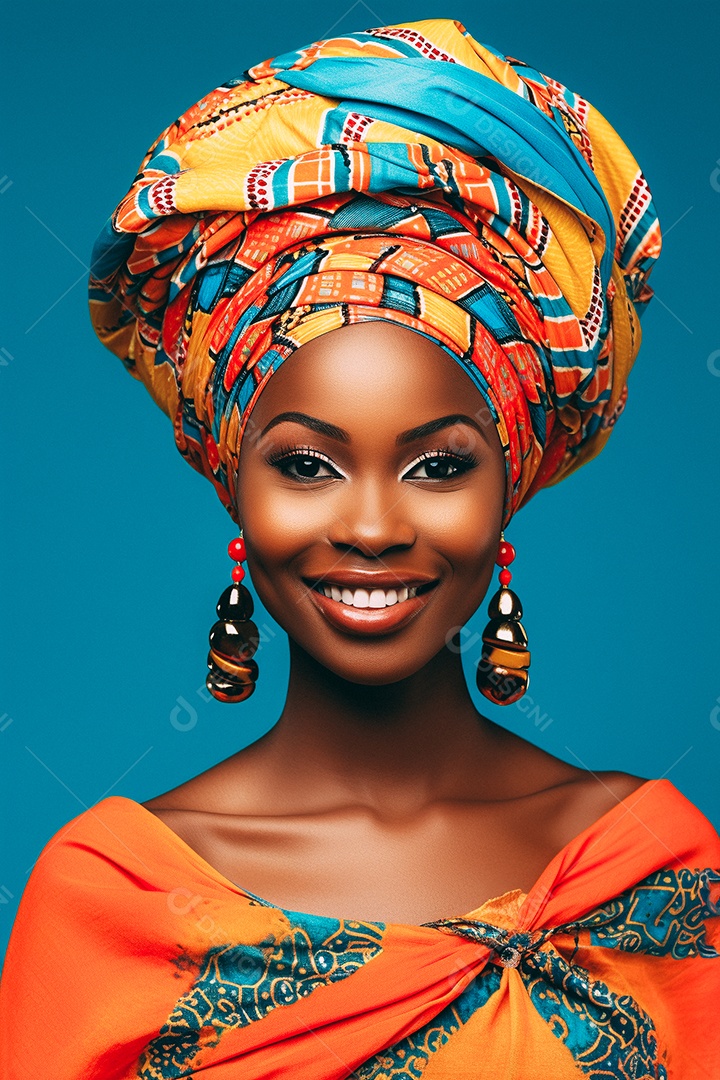 Mulher africana feliz usando turbante isolado no fundo do estúdio colorido