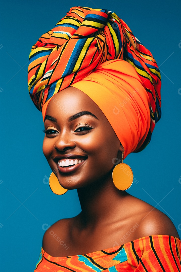 Mulher africana feliz usando turbante isolado no fundo do estúdio colorido