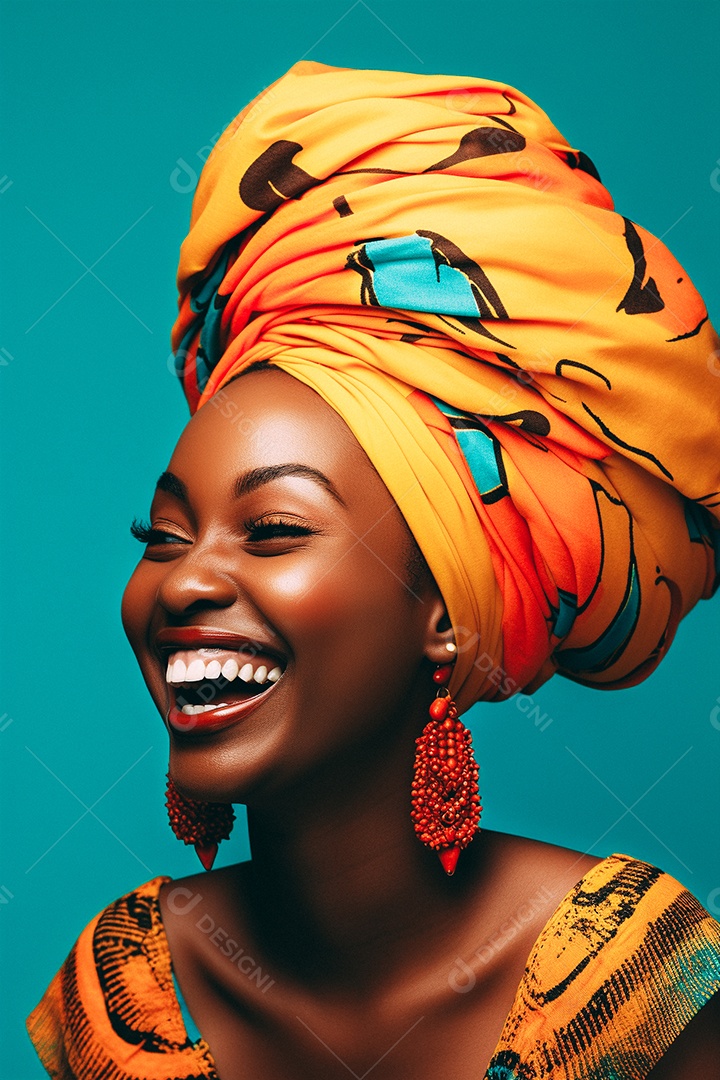 Mulher africana feliz usando turbante isolado no fundo do estúdio amarelo pastel