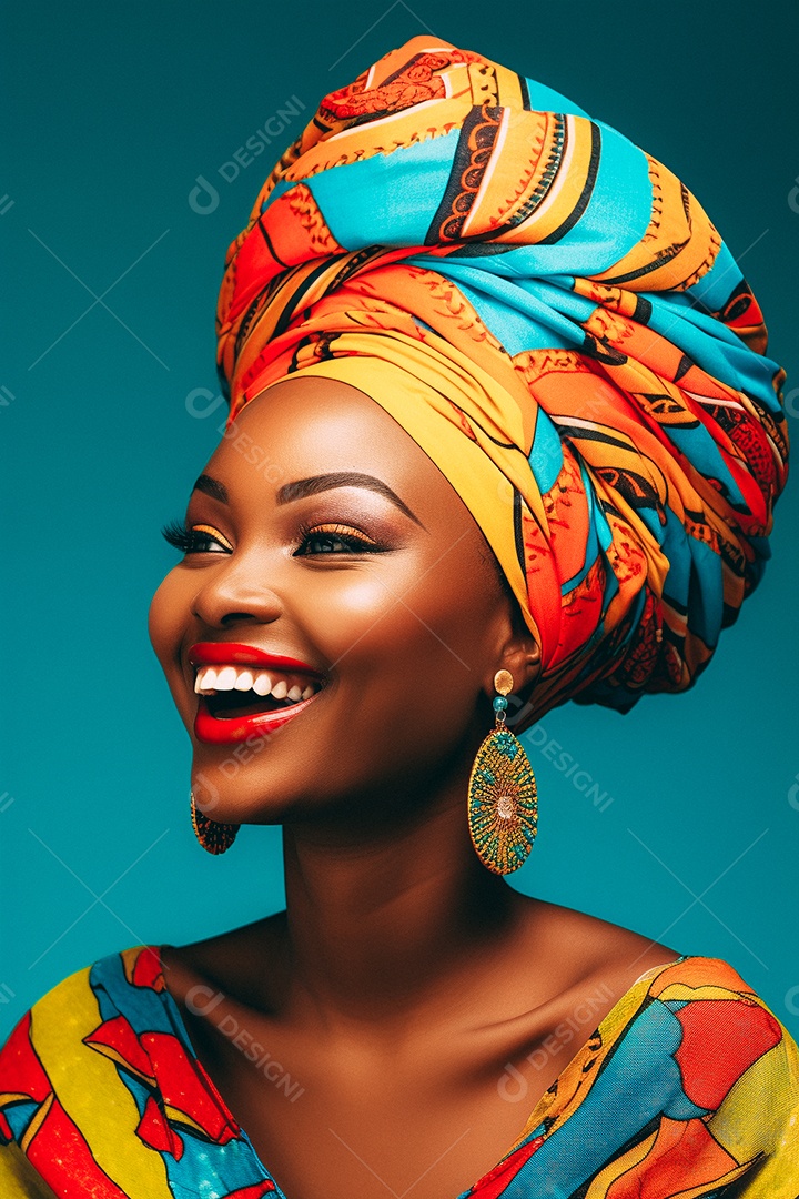 Mulher africana feliz usando turbante isolado no fundo do estúdio colorido