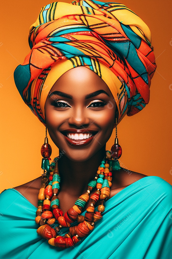 Mulher africana feliz usando turbante isolado no fundo do estúdio colorido