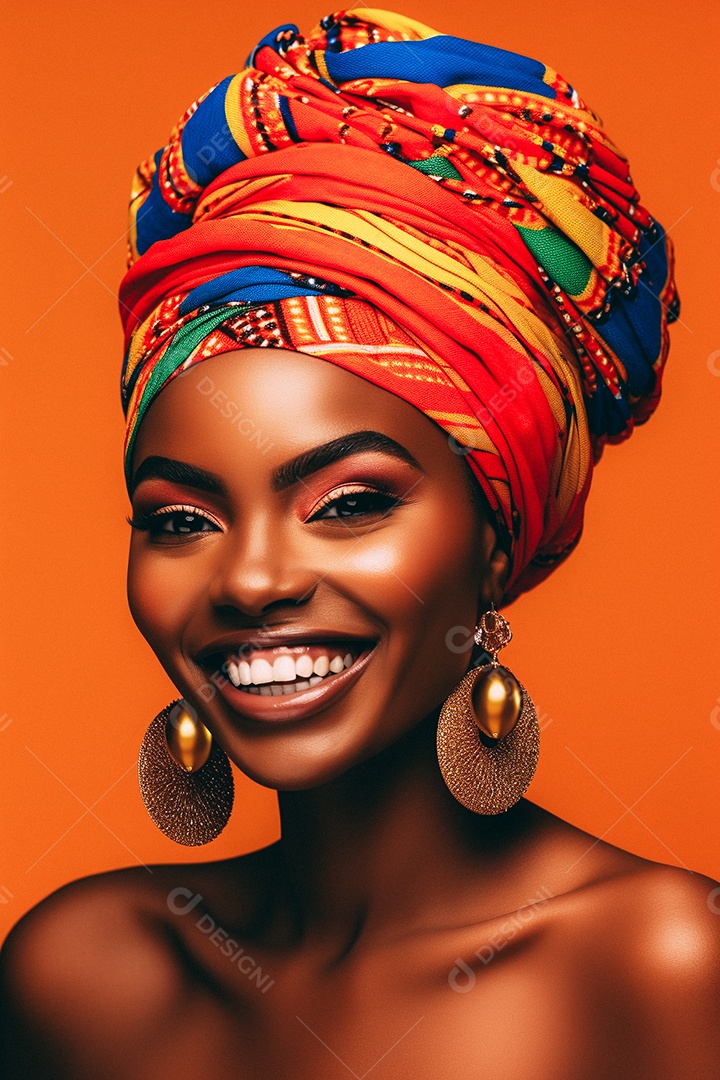 Mulher africana feliz usando turbante isolado no fundo do estúdio colorido