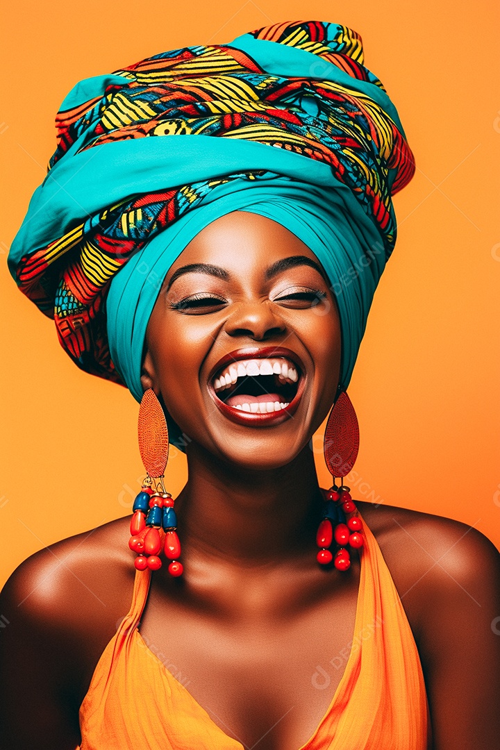 Mulher africana feliz usando turbante isolado no fundo do estúdio colorido