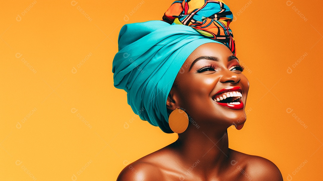 Mulher africana feliz usando turbante isolado no fundo do estúdio colorido