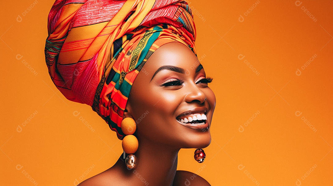 Mulher africana feliz usando turbante isolado no fundo do estúdio colorido