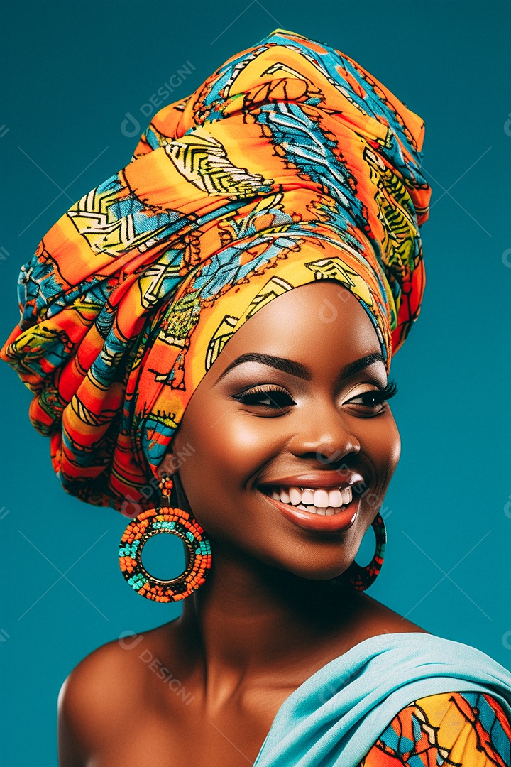 Mulher africana feliz usando turbante isolado no fundo do estúdio colorido